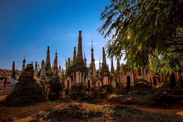 A sun burst  in Indein, Myanmar. 2015. Indein, meaning "shallow lake", in Inle Lake is densely packed with crumbling and atmospheric stupas awaiting to be explored